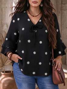 EMERY ROSE Plus Size V-Neck Tie-Front Ruched Blouse With Ruffle 3/4 Flare Sleeves, Loose Fit Printed Top For Casual, Light Commute, Light Social, Vacation And Travel - Black - View 1