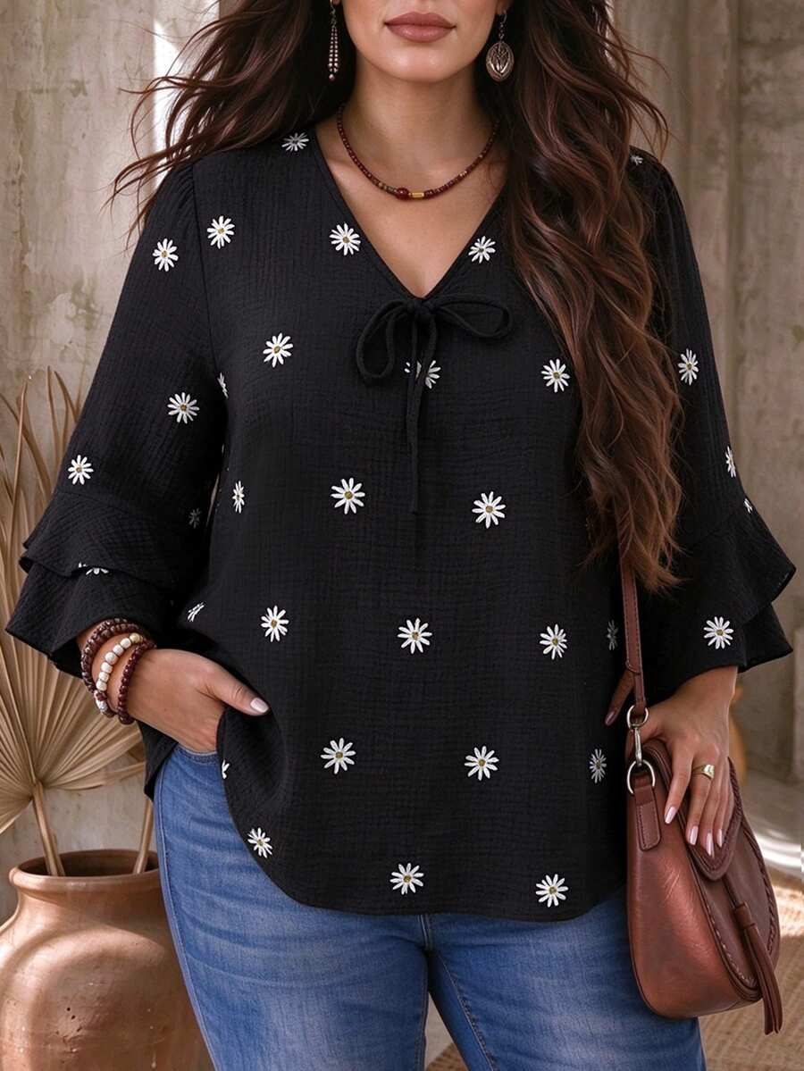 EMERY ROSE Plus Size V-Neck Tie-Front Ruched Blouse With Ruffle 3/4 Flare Sleeves, Loose Fit Printed Top For Casual, Light Commute, Light Social, Vacation And Travel - Black - View 1