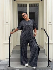 Muchica Plus Size Women's Grey Short Sleeve T-Shirt And Pants Casual Set Office Summer - Black - View 8
