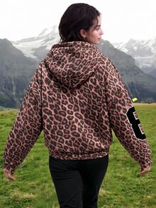 Exploreva Women's Leopard Print Letter Graphic Zip-Up Hooded Sweatshirt - Brown - View 2