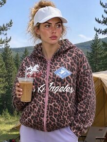 Exploreva Women's Leopard Print Letter Graphic Zip-Up Hooded Sweatshirt - Brown - View 1