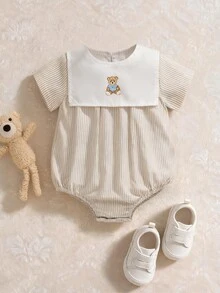 Souflis Souflis Infant Baby Boy Bear Print Blue And White Stripe Short Sleeve Bodysuit Family Matching Photoshoot Summer Cute - Apricot - View 10