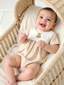 Souflis Souflis Infant Baby Boy Bear Print Blue And White Stripe Short Sleeve Bodysuit Family Matching Photoshoot Summer Cute - Apricot - View 7