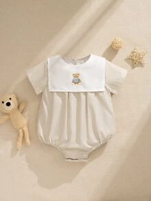 Souflis Souflis Infant Baby Boy Bear Print Blue And White Stripe Short Sleeve Bodysuit Family Matching Photoshoot Summer Cute - Apricot - View 9