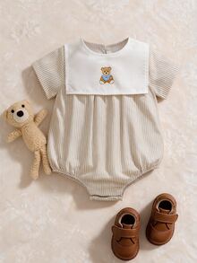 Souflis Souflis Infant Baby Boy Bear Print Blue And White Stripe Short Sleeve Bodysuit Family Matching Photoshoot Summer Cute - Apricot - View 4
