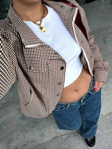 Muchica 大尺碼女款格紋拉鍊休閒街頭風寬鬆哥德優雅百搭長袖外套，適合秋季日常、夜店、辦公室、派對與正式場合，白色 - 棕色 - 查看 3