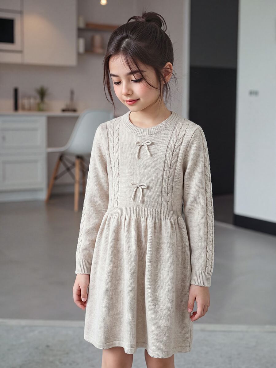 Tween Girls Gentle Round Neck Cable Knit Sweater Dress Autumn Winter - Apricot - View 1