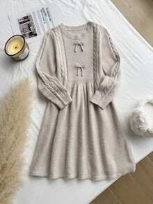 Đầm len dệt vặn thừng cổ tròn phong cách nhẹ nhàng cho bé gái tuổi teen, mùa thu đông - Màu be - Xem 4
