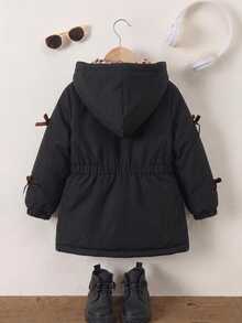 SHEIN (女童) 新款冬季加厚夾棉外套，附拉鍊、連帽，杏色小碎花，抓絨內裡，加厚修身收腰，附口袋，簡約休閒百搭外套 - 黑色 - 查看 2