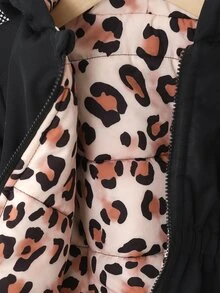 SHEIN (女童) 新款冬季加厚夾棉外套，附拉鍊、連帽，杏色小碎花，抓絨內裡，加厚修身收腰，附口袋，簡約休閒百搭外套 - 黑色 - 查看 4