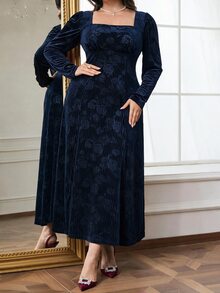 Seusyu Plus Size Women's Square Neck Embroidered Long Sleeve Elegant Dress - Navy Blue - View 5