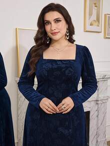 Seusyu Plus Size Women's Square Neck Embroidered Long Sleeve Elegant Dress - Navy Blue - View 1
