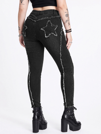 Grunge Punk Jeans Skinny Versátiles Talla Grande con Bolsillo Trasero Estrellado Estilo Trash Punk