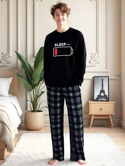 SHEIN ティーンボーイズ用 カートゥーン柄 ブラック 長袖クルーネック チェック柄パンツ パジャマセット、ソフトな冬のホリデー用ルームウェア、カジュアルで快適な秋のナイトウェア