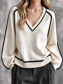 RosyDaze Women's Fashion Round Neck Dolman Sleeve Knit Sweater Top, Elegant Line Design Base Layer - Beige - View 1
