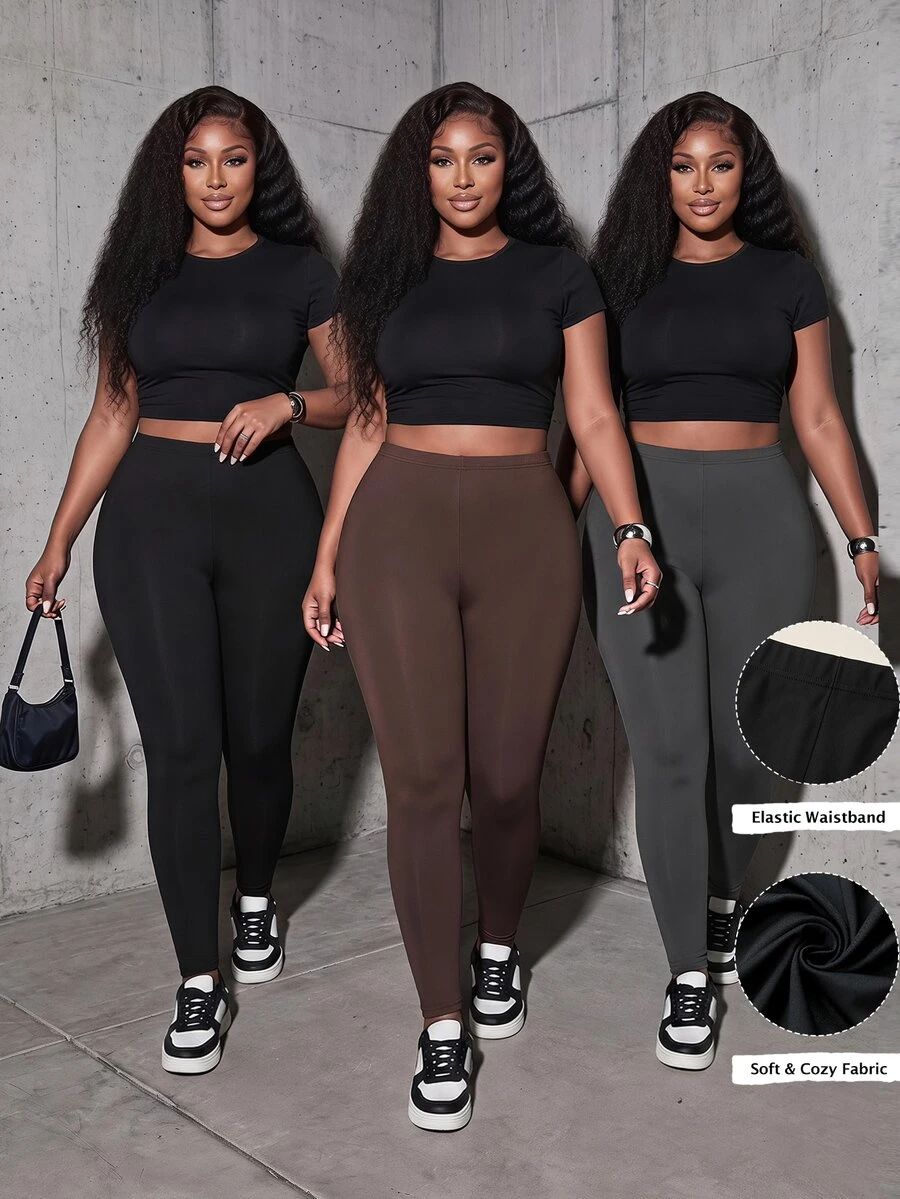 Slaydiva 3 piezas/Set Leggings casuales suaves de talla grande en negro, marrón chocolate y gris, adecuados para el verano, y adecuados para salir, ir al gimnasio y ropa deportiva formal para mujer