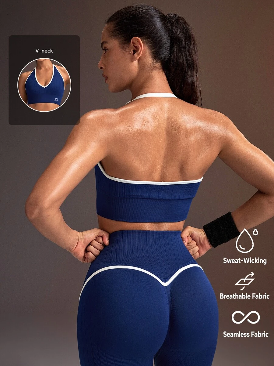 Powerista حمالة صدر رياضية نسائية من باورستا باللون الأزرق الداكن والأبيض، منخفضة التأثير، برقبة هالتر مع حشوة (مناسبة للجري والتمارين الرياضية)، ملابس رياضية نشطة محتشمة للخريف - ازرق وابيض - مشاهدة 1