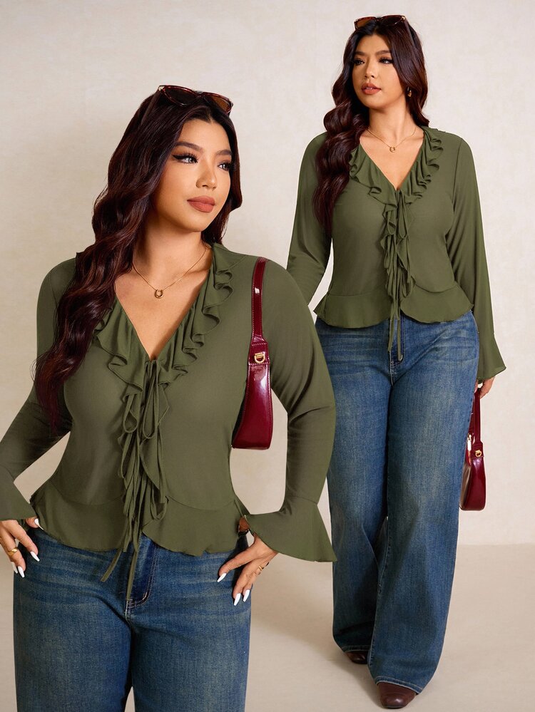 Elaquor Plus Size Women's Solid Color Ruffle Collar Front Tie Bell Sleeve Top Fall - Army Green - View 8
