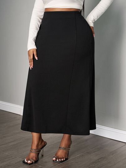 Modelyn Plus High Waist Solid Maxi Skirt Autumn Office Formal Black Elegant Business Casual