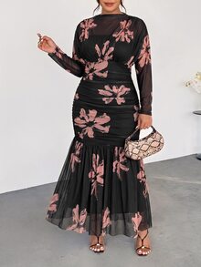 Firerie Black Floral Print Long-Sleeved Tulle Dress With Fitted Waist And Flared Skirt Elegant Fluffy Fall Wedding Formal Party Dinner Cocktail - Multicolor - View 2