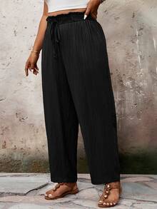 SHEIN VCAY Plus Size Solid Color Casual Traditional Baggy Pants, Suitable For Autumn Formal Vacation Black - Black - View 4