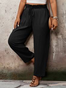 SHEIN VCAY Plus Size Solid Color Casual Traditional Baggy Pants, Suitable For Autumn Formal Vacation Black - Black - View 7