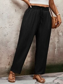 SHEIN VCAY Plus Size Solid Color Casual Traditional Baggy Pants, Suitable For Autumn Formal Vacation Black - Black - View 5