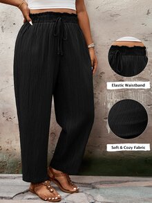 SHEIN VCAY Plus Size Solid Color Casual Traditional Baggy Pants, Suitable For Autumn Formal Vacation Black - Black - View 8