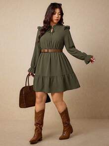 Elaquor Plus Size Textured Pleated Ruffle Hem Flare Sleeve Teachers' Day Dress Office Formal Dinner Olive Green Autumn Elegant Fall - Green - View 4