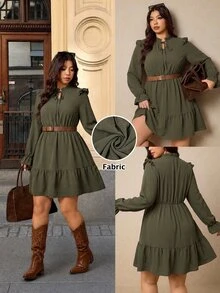 Elaquor Plus Size Textured Pleated Ruffle Hem Flare Sleeve Teachers' Day Dress Office Formal Dinner Olive Green Autumn Elegant Fall - Green - View 10