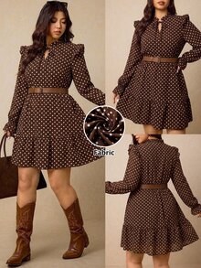 Elaquor Đầm dài tay size lớn màu nâu họa tiết chấm bi phong cách retro thường ngày cho mùa thu - Nhiều màu - Xem 8