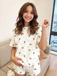 SHEIN Leap Crew 2pcs/Set Teen Girl Cute Mini Heart & Cherry Print Casual Loose Round Neck Short Sleeve T-Shirt And Shorts Set, Suitable For Spring/Summer - Multicolor - View 1