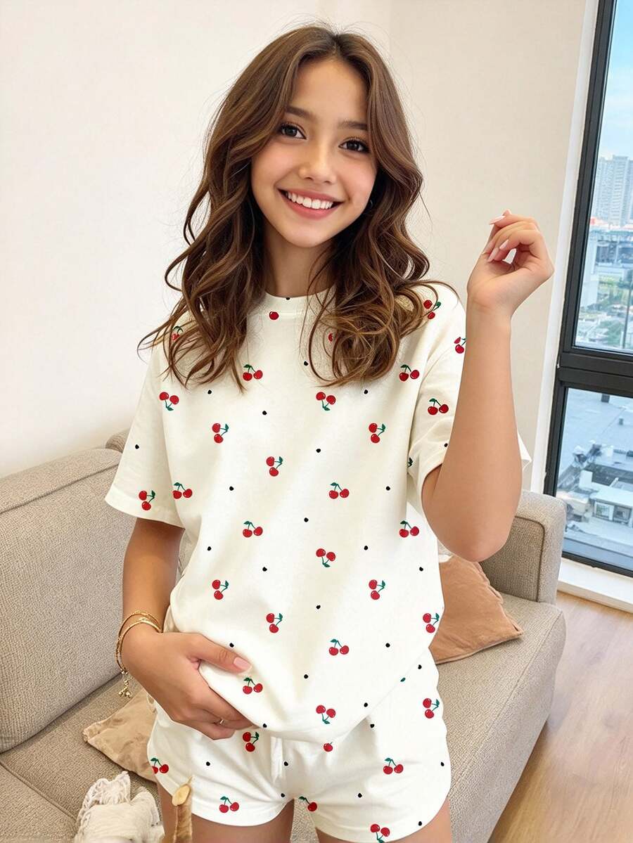 SHEIN Leap Crew 2pcs/Set Teen Girl Cute Mini Heart & Cherry Print Casual Loose Round Neck Short Sleeve T-Shirt And Shorts Set, Suitable For Spring/Summer - Multicolor - View 1