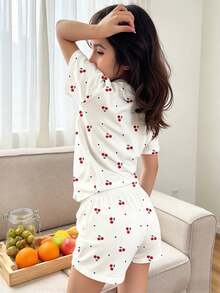 SHEIN Leap Crew 2pcs/Set Teen Girl Cute Mini Heart & Cherry Print Casual Loose Round Neck Short Sleeve T-Shirt And Shorts Set, Suitable For Spring/Summer - Multicolor - View 2
