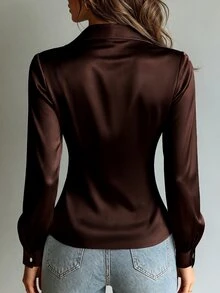 Velvienne Plus Ruched Zip Up Satin Tee Fall Party Cocktail Going Out Night Brown Elegant Romantic Sexy - Brown - View 2