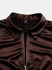 Velvienne Plus Ruched Zip Up Satin Tee Fall Party Cocktail Going Out Night Brown Elegant Romantic Sexy - Brown - View 7