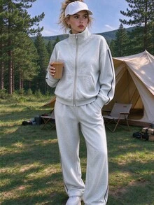 Exploreva Women's Colorblock Zip-Up Long Sleeve Top And Pants Casual Daily Sports Set - Light Grey - View 2