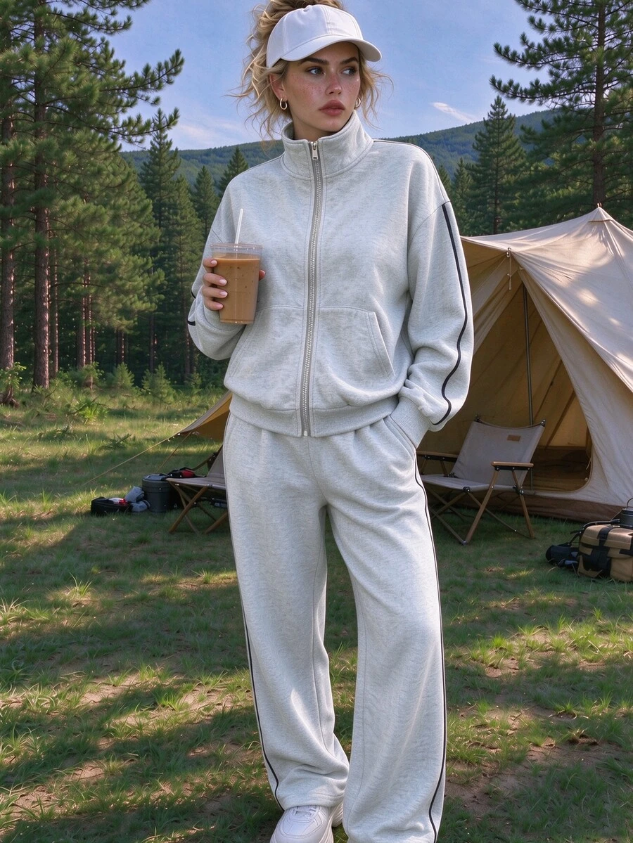 Exploreva Women's Colorblock Zip-Up Long Sleeve Top And Pants Casual Daily Sports Set