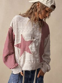 Bohemela Women's Star Patchwork Striped Drop Shoulder Long Sleeve Casual Sweatshirt - Multicolor - View 5