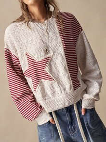 Bohemela Women's Star Patchwork Striped Drop Shoulder Long Sleeve Casual Sweatshirt - Multicolor - View 1