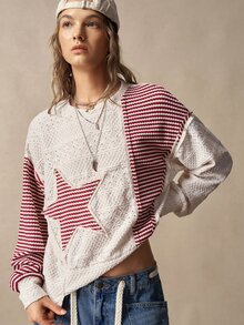 Bohemela Women's Star Patchwork Striped Drop Shoulder Long Sleeve Casual Sweatshirt - Multicolor - View 3