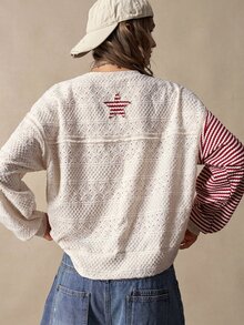Bohemela Women's Star Patchwork Striped Drop Shoulder Long Sleeve Casual Sweatshirt - Multicolor - View 7