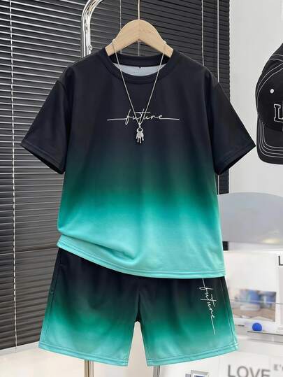 SHEIN 2pcs Teen Boys Ombre Color Short Sleeve Shorts Set,Summer Streetwear Punk Rock Preppy Casual For Outdoor,Party,Music Festival,Black & Green Print