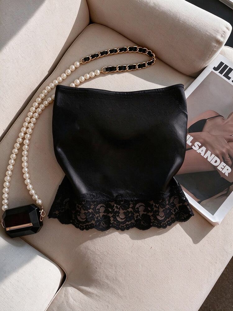 INAWLY Women's Solid Color Twisted Design Contrast Lace Fashion Tube Top Halloween Party Night Out Black Summer Sexy - Black - View 2