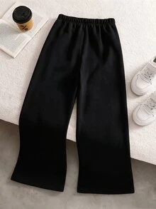 SHEIN 女童長袖抓絨運動褲，時尚極簡寬鬆休閒保守風，純色，適合學校運動，秋冬款，白色 - 黑色 - 查看 2