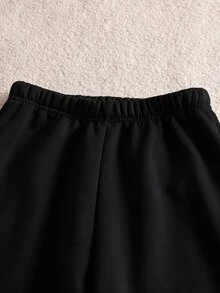 SHEIN 女童長袖抓絨運動褲，時尚極簡寬鬆休閒保守風，純色，適合學校運動，秋冬款，白色 - 黑色 - 查看 6