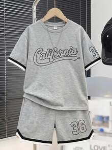 SHEIN Teen Boys Casual Loose Comfy Versatile Printed Pattern Contrast Color Ribbon Decor Short Sleeve Top And Shorts Set - Light Grey - View 1