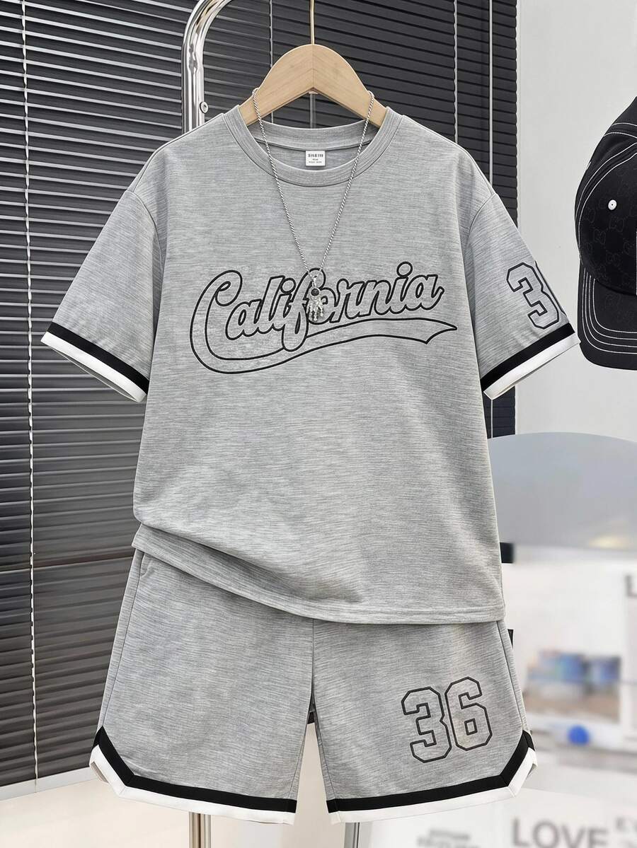 SHEIN Teen Boys Casual Loose Comfy Versatile Printed Pattern Contrast Color Ribbon Decor Short Sleeve Top And Shorts Set - Light Grey - View 1