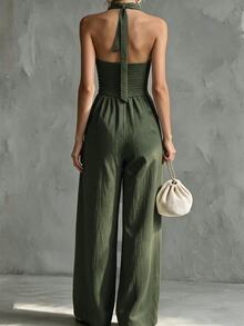 Trelyra Women's Denim Effect Backless Halter Neck Jumpsuit - Army Green - View 2