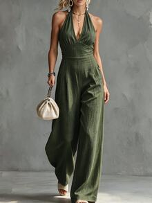 Trelyra Women's Denim Effect Backless Halter Neck Jumpsuit - Army Green - View 6